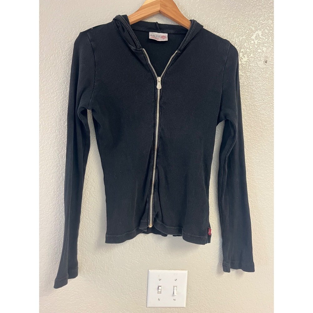 XCVI Wearables Women Black Ribbed Full Zip Hoodie Long Sleeve Top Made in USA L
